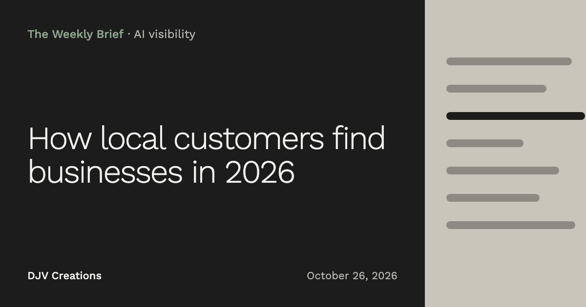 Cover card: How local customers find businesses in 2026, The Weekly Brief from DJV Creations
