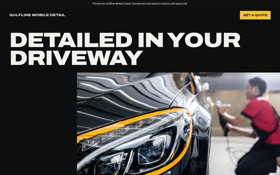 Mobile detailing concept: the headline Detailed in your driveway in heavy white type over a black page, and a photo of a polished car headlight.