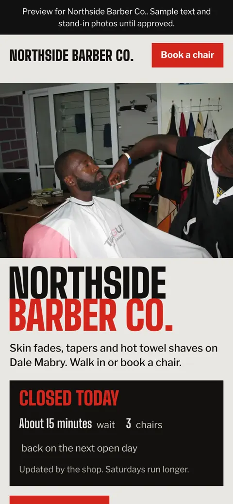 The same barber concept on a phone, with the wait board and Book a chair button on the first screen.