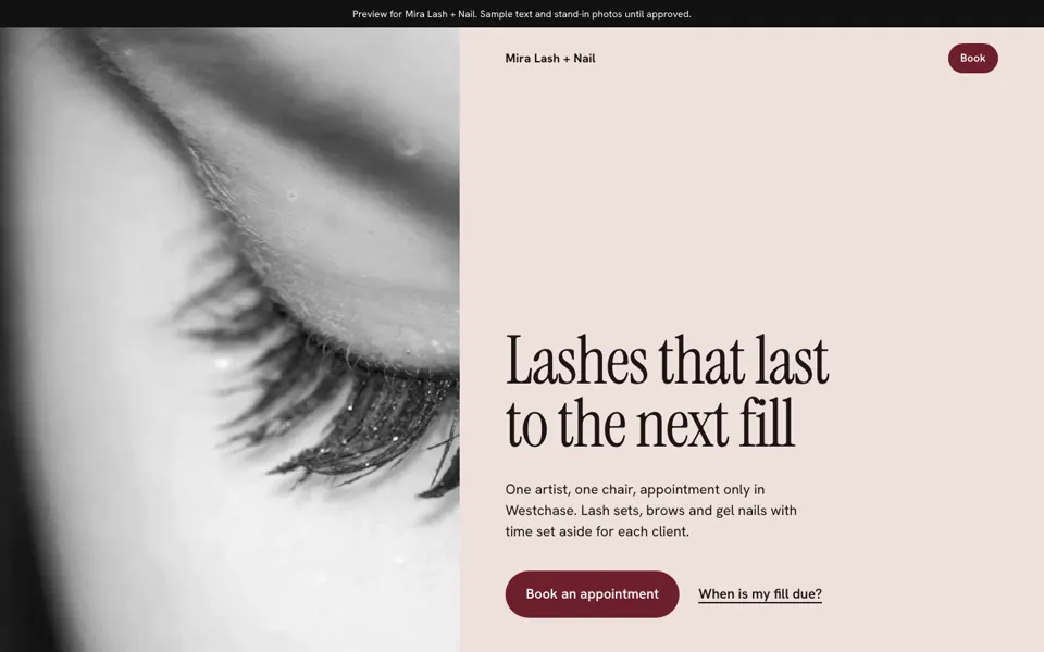 Lash and nail studio concept: a close-up eyelash photo beside the line Lashes that last to the next fill.