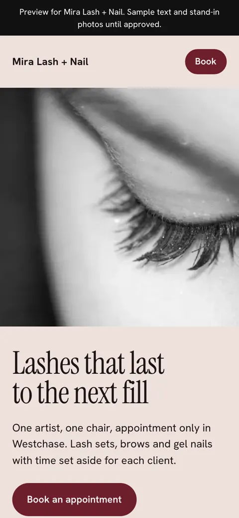 The lash studio concept on a phone: the eyelash photo, the headline and a Book an appointment button.