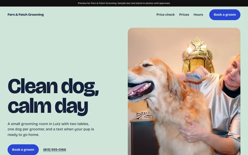 Dog grooming concept: the headline Clean dog, calm day on a pale green page and a photo of a groomer brushing a golden retriever.