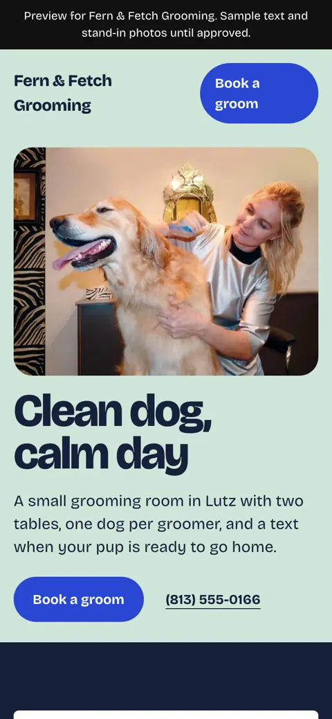 The grooming concept on a phone, with the Book a groom button and phone number.