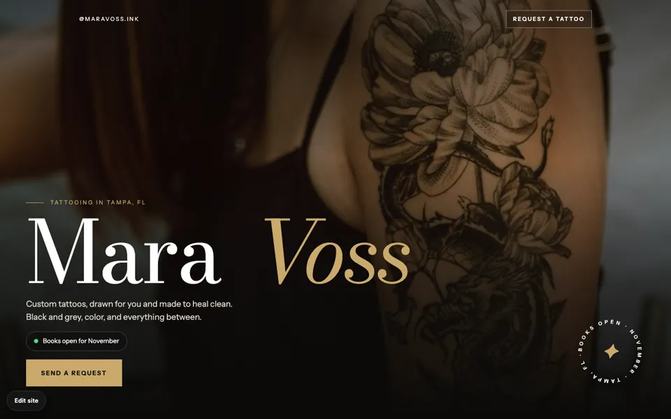 Tattoo artist concept: the artist name in large serif type over a dark photo of a floral sleeve tattoo, with a Send a request button.