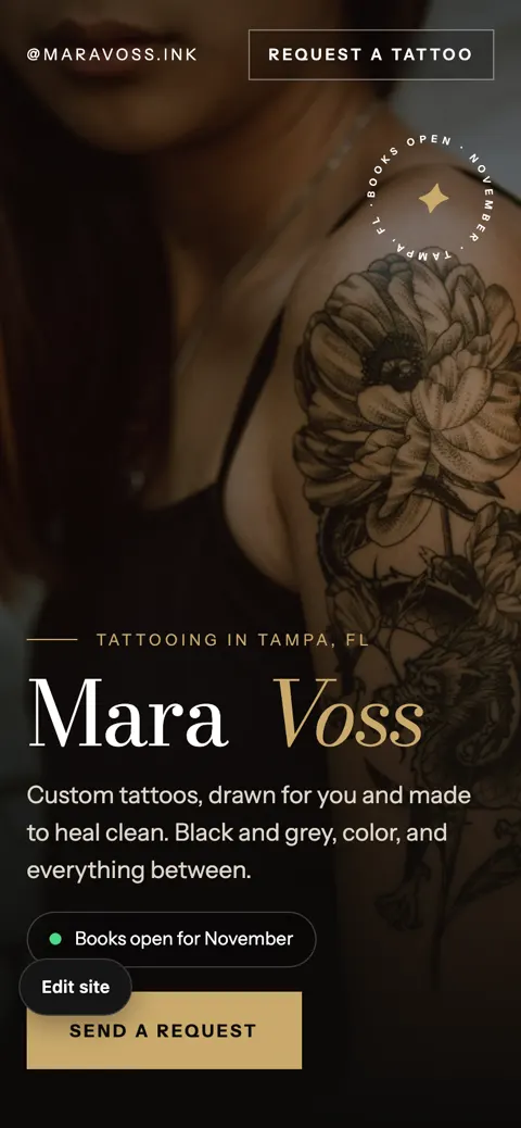 The tattoo concept on a phone, with the artist name and the request button.